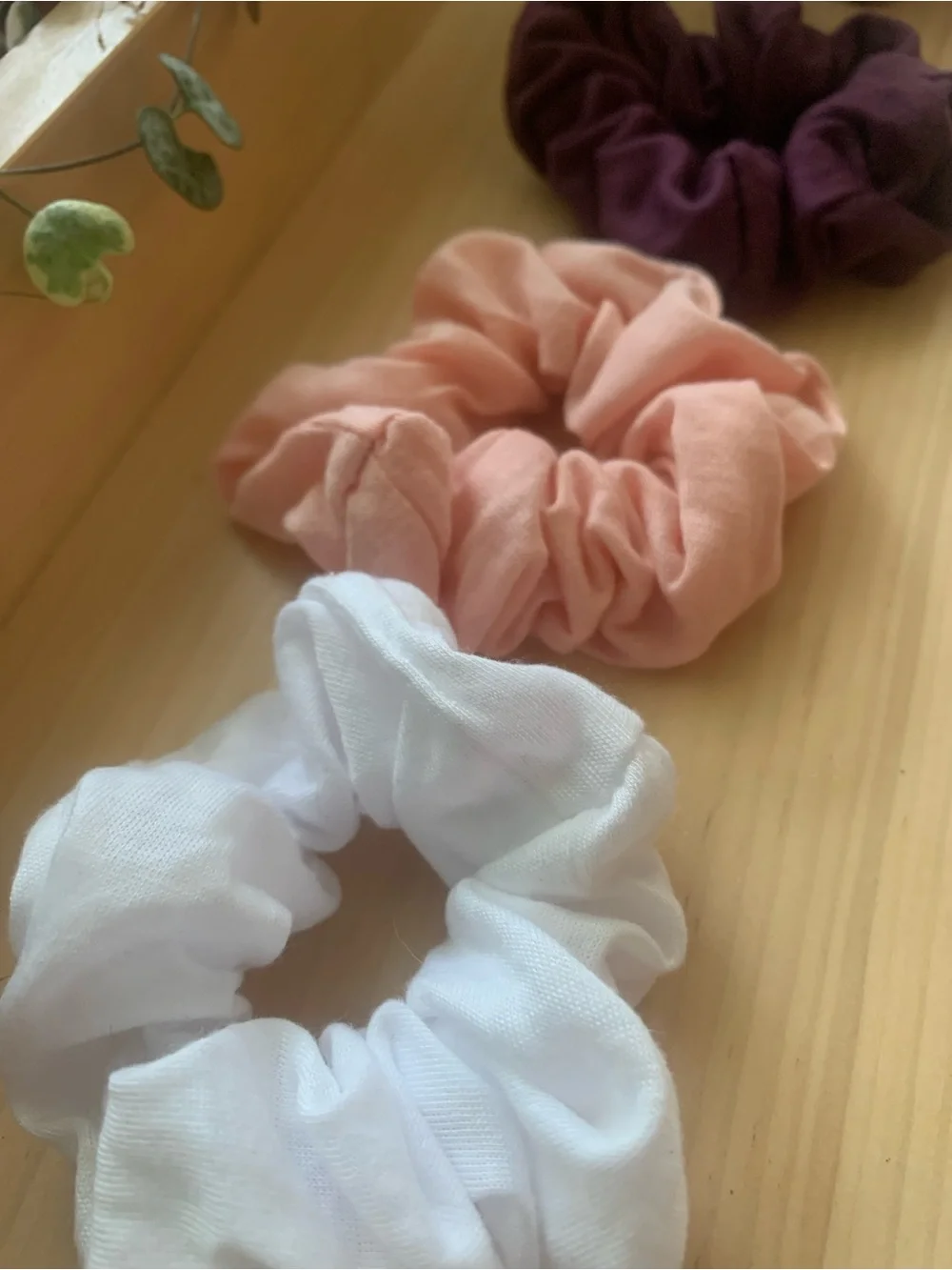 Girls Cotton Scrunchie Trio — White, Peach, Plum